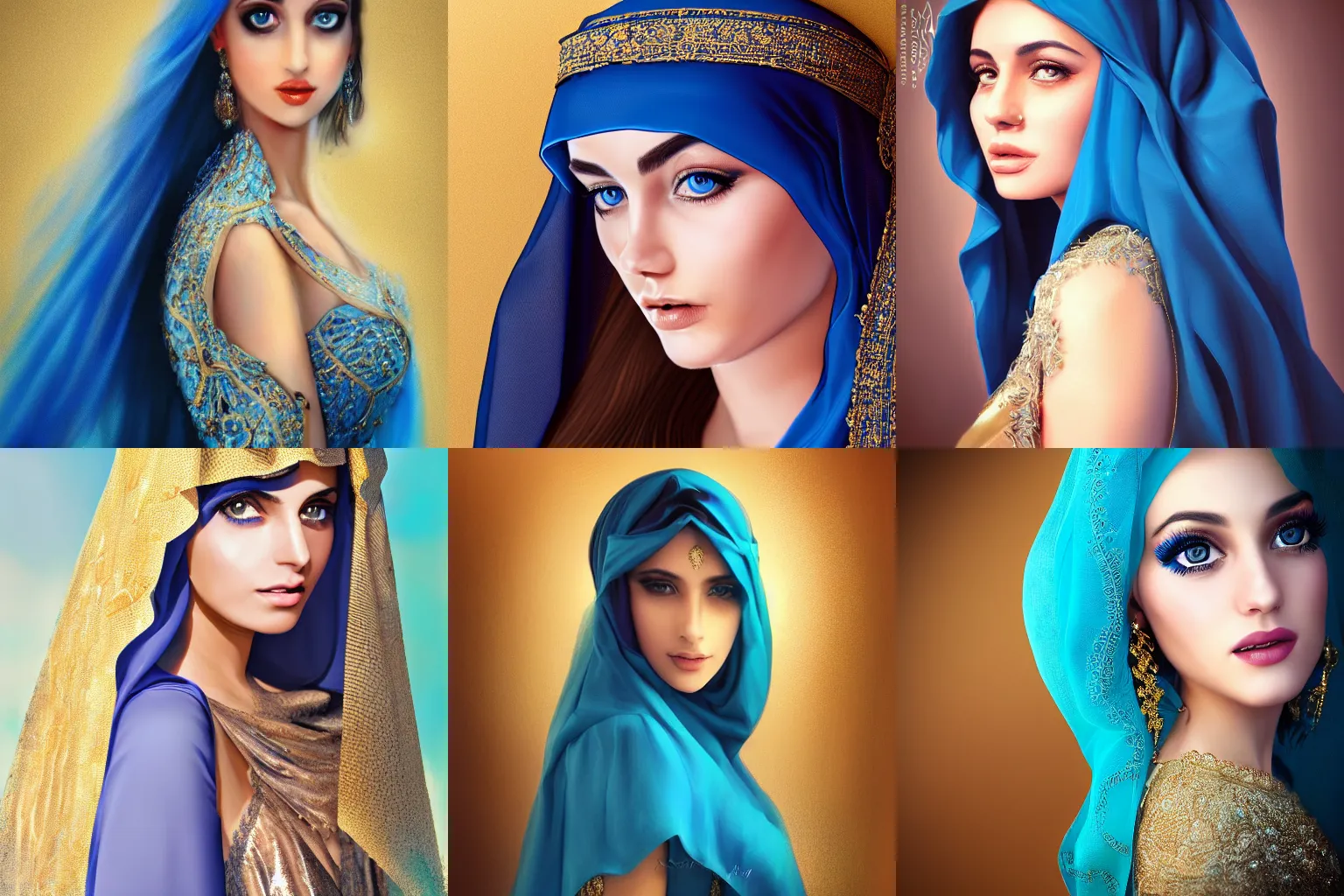 Prompt: detailed photograph of a beautiful young Arab woman wearing a blue dress with veil by Stanely Artgerm, bright blue eyes, gold jewellery, long pearly wavy black hair, majestic, beauty, dramatic light, turquoise color scheme, face portrait, hyper-realistic, fantasy, hdr, Trending on Artstation