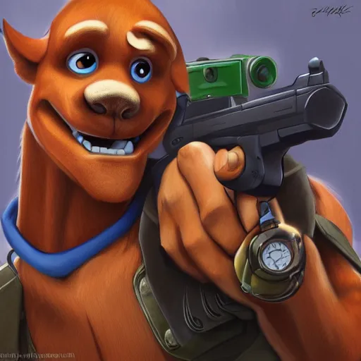 Image similar to scooby doo holding a gun, highly detailed portrait, digital painting, artstation, concept art, smooth, sharp foccus ilustration, Artstation HQ