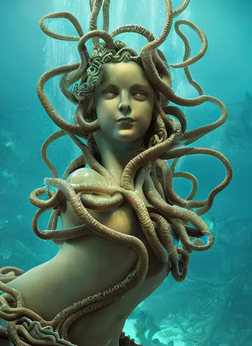 Image similar to confluence of aquatic wild life, medusa statue underwater. magical, epic, particles, compute shader, underwater, fantasy, painting, detailed, paid artwork, portfolio, epic lighting