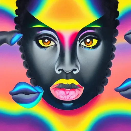 Prompt: closeup portrait of a black woman with yellow eyes and a rainbow background, gouache painting by tomokazu matsuyama, by ed paschke, by agnes pelton, by patrick nagel, behance contest winner, generative art, irridescent, holography, neon, dark art, retrowave, grain, androgynous, black background