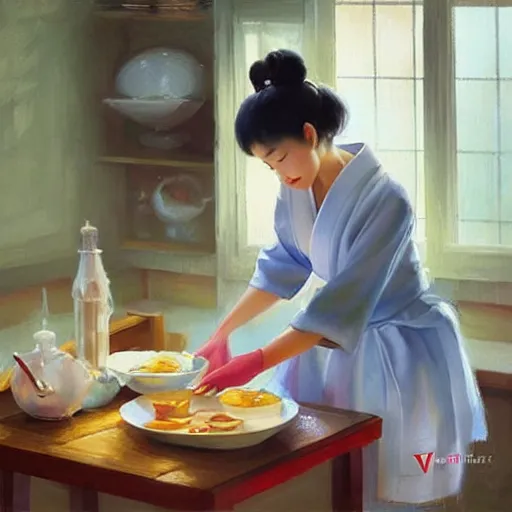 Image similar to beautiful Japanese wife making breakfast, painting by Vladimir Volegov