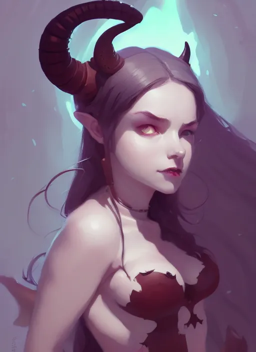 Image similar to portrait of cute succubus girl with horns, warhammer, by atey ghailan, by greg rutkowski, by greg tocchini, by james gilleard, by joe gb fenton, by in kaethe butcher, dynamic lighting, gradient light blue, brown, blonde cream and white color in scheme, grunge aesthetic