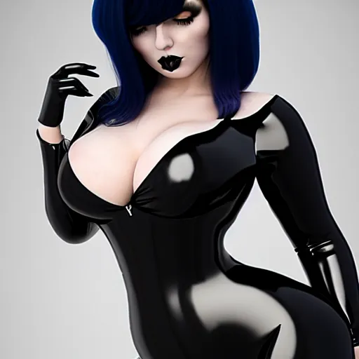 Image similar to a curvy feminine pale goth cutie in an elaborate black latex-leather-rubber tight neck-high outfit, with a thin waist, cgsociety, photorealistic, sublime-comfy-elegant ambience, 16k, smooth, sharp focus, trending on ArtStation, volumetric lighting, fully clothed, worksafe