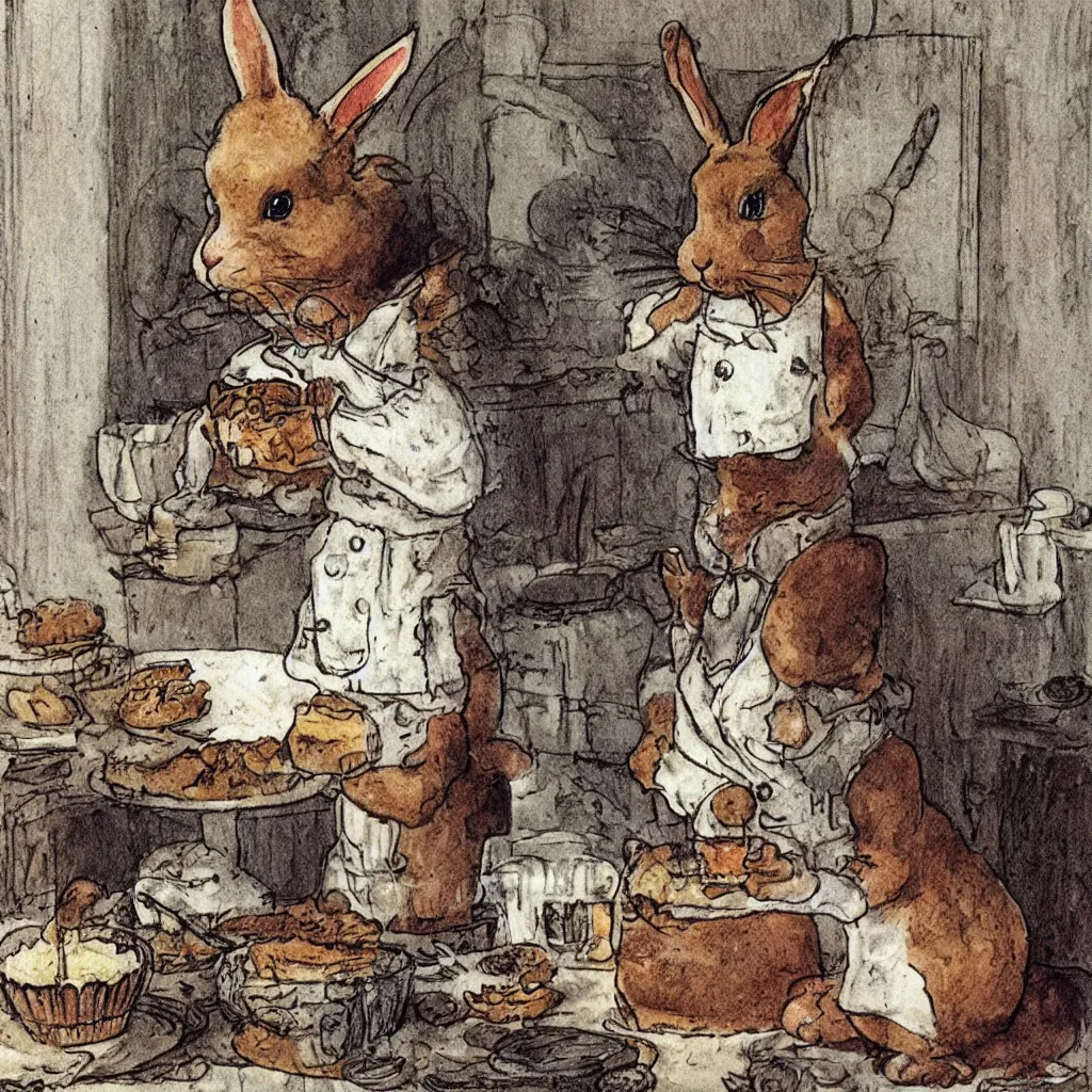 Prompt: a rabbit baking a cake, in the style of carl larsson