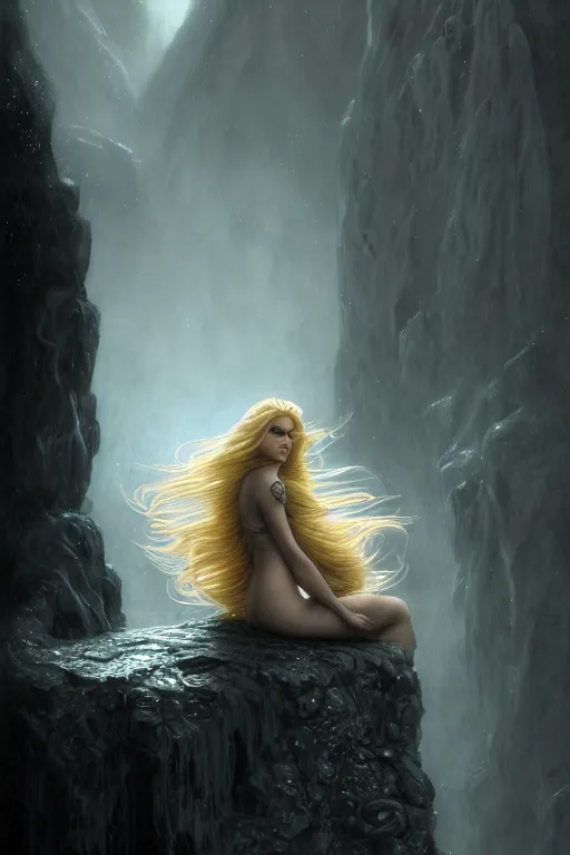 Image similar to A beautiful Norse Goddess with long flowing blonde hair on a ledge od deep abyss fantasy, intricate, elegant, highly detailed, D&D, digital painting, artstation, concept art, matte painting, sharp focus, illustration, extremely moody lighting, glowing light and shadow, atmospheric, shadowy, cinematic, in the style of Greg Rutkowski and artemisia gentileschi and Alphonse Mucha