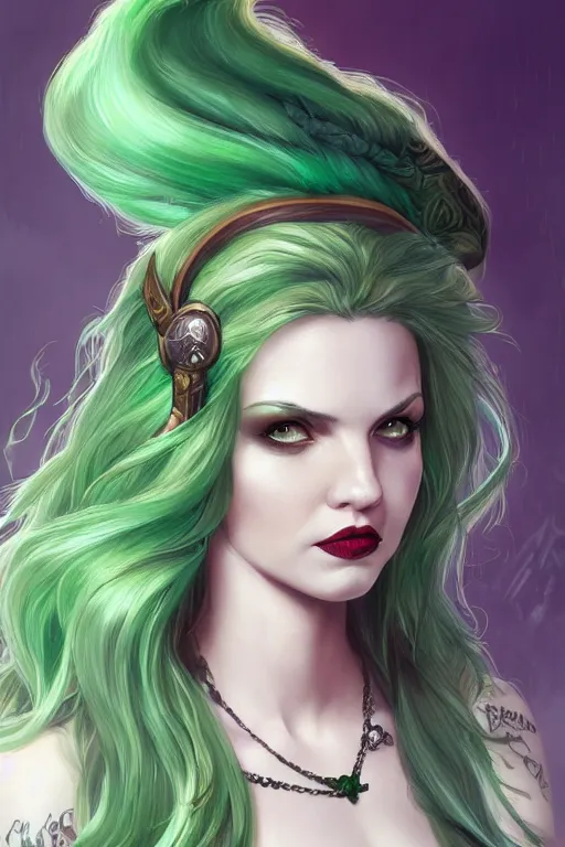 Image similar to green hair tattooed pinup hannah murray, rogue bard, feathers, baldurs gate, diablo, dnd, deep focus, turnaround, fantasy, intricate, elegant, highly detailed, digital painting, artstation, concept art, matte, sharp focus, illustration, hearthstone, art by artgerm and greg rutkowski and alphonse mucha.