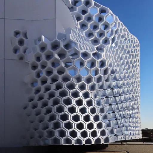 Prompt: 3d printed Hexa façade , Voronoi, parametric design, telephoto lens