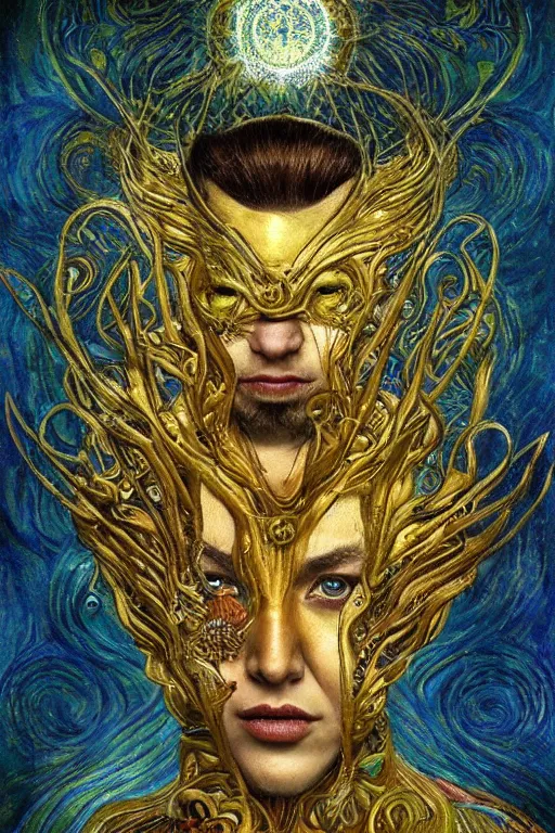 Image similar to Intermittent Chance of Chaos Muse by Karol Bak, Jean Deville, Gustav Klimt, and Vincent Van Gogh, trickster, enigma, Loki's Pet Project, destiny, Poe's Angel, Surreality, creativity, inspiration, muse, otherworldly, fractal structures, arcane, ornate gilded medieval icon, third eye, spirals