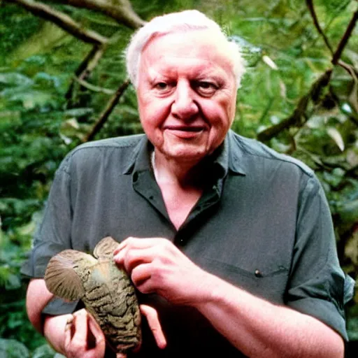 Image similar to Sir David Attenborough holding Mothman