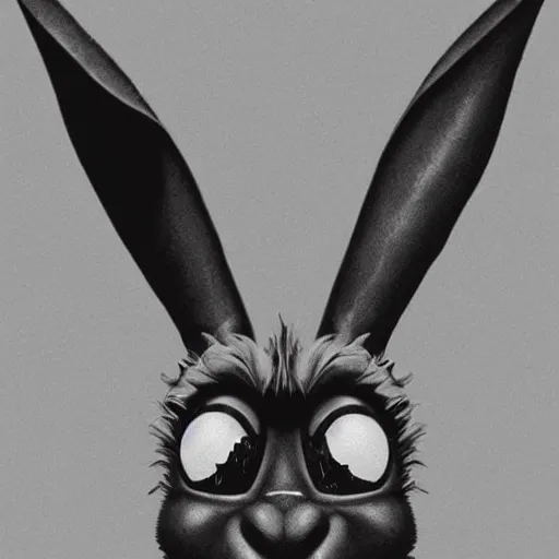 Image similar to A extremely highly detailed majestic hi-res beautiful, highly detailed head and shoulders portrait of a scary terrifying, horrifying, still of a creepy black cartoon rabbit in eraserhead with scary big eyes, earing a shirt laughing, hey buddy, let's be friends, in the style of Walt Disney animation