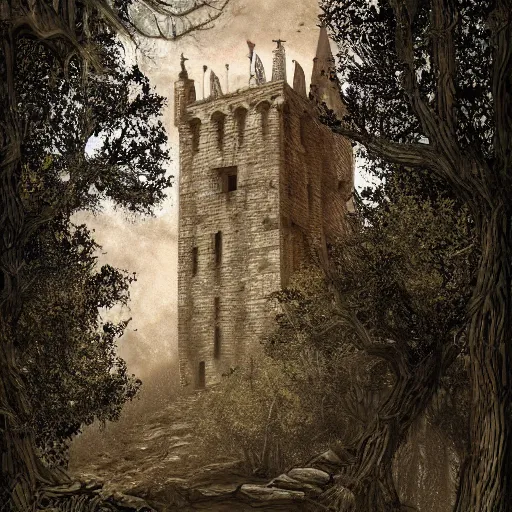 Prompt: an archaic tower looming over a grove of ancient trees, realistic digital painting, medieval fantasy, very detailed
