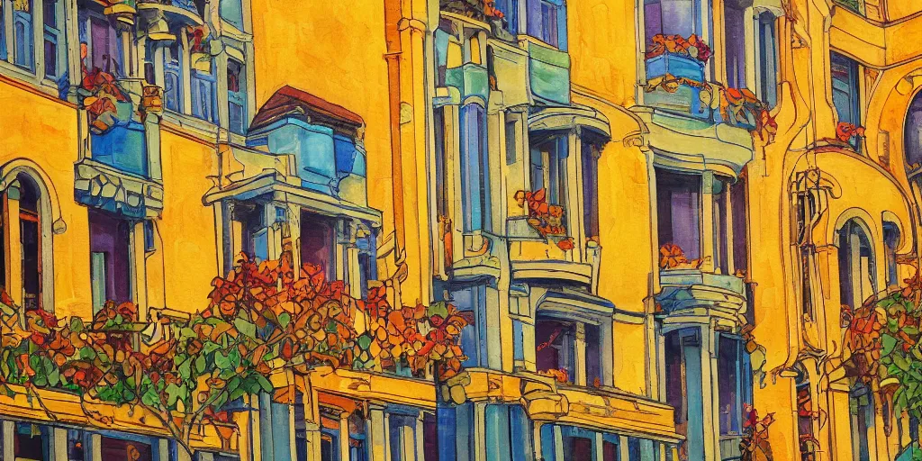 Prompt: ' art nouveau facade building in autumn season, colorful light, cityscape, painting'