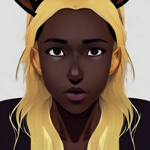 Image similar to portrait of a dark skinned woman with blonde hair and fox ears, wings, highly detailed, digital painting, artstation, matte, by makoto shinkai, animation style, studio ghibli, anime key visual