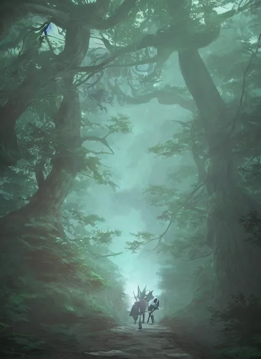 Image similar to a dark forest path, beautiful ancient trees, hiding large treasure chest, evening atmosphere, soft lens, soft light, cel - shading, animation, in the style of cgsociety, deviantart, artstation, zbrush, cinema 4 d, studio ghibli, akihiko yoshida, atelier lulua, masamune shirow