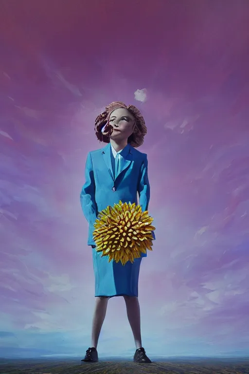 Image similar to closeup giant dahlia flower head, girl in a suit, surreal photography, blue sky, sunrise, dramatic light, impressionist painting, digital painting, artstation, simon stalenhag