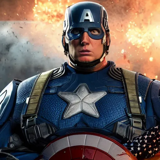 Image similar to Portrait! of President Donald Trump as ((captain america)) in Gears of War, patriotic, splash art, movie still, cinematic lighting, dramatic, octane render, long lens, shallow depth of field, bokeh, anamorphic lens flare, 8k, hyper detailed, 35mm film grain