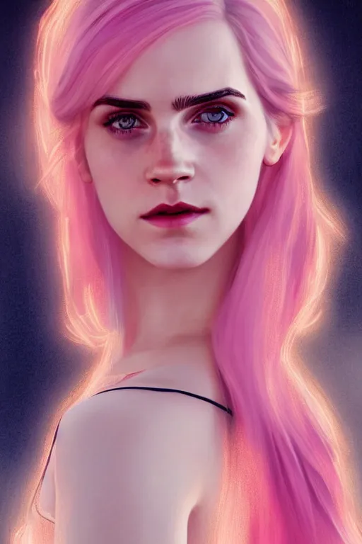 Image similar to Portrait of a beautiful pale skin Nordic female Emma Watson with long pink hair, elegant, photorealistic, highly detailed, artstation, smooth, sharp focus, gold ornaments, neon lighting, sci-fi, art by Klimt.