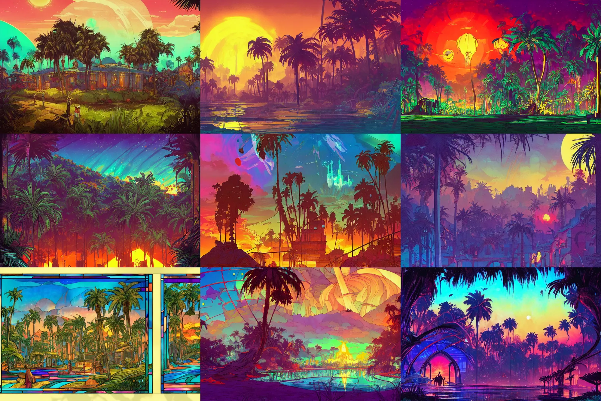 Prompt: stained glass!!, residence, universe!!!!, palm trees, infographic with illustrations, glowing lights, epic fantasy, colorfully, digital art, highly saturated colors, concept art, detailed illustration, hd, 4 k, digital art, greg rutkowski, dan mumford, studio ghibli trending on artstation