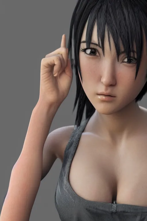 Image similar to photorealistic high resolution 3d render of kawaii female goku, unreal engine 5, trending on artstation, volumetric lighting, subsurface scattering, highly detailed realistic human skin texture