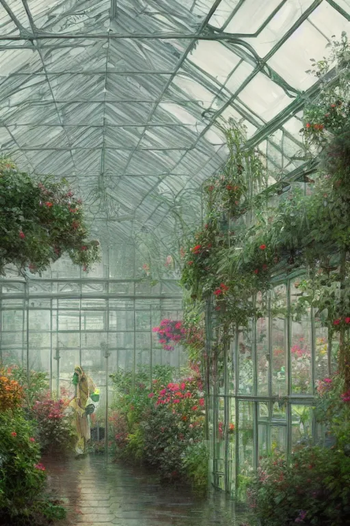 Image similar to a beautiful painting of a greenhouse, rainy, gloomy and depressed, dark, shimmering and prismatic, lumion render, rococo, by krenz cushart and mucha and monet, trending on artstation.