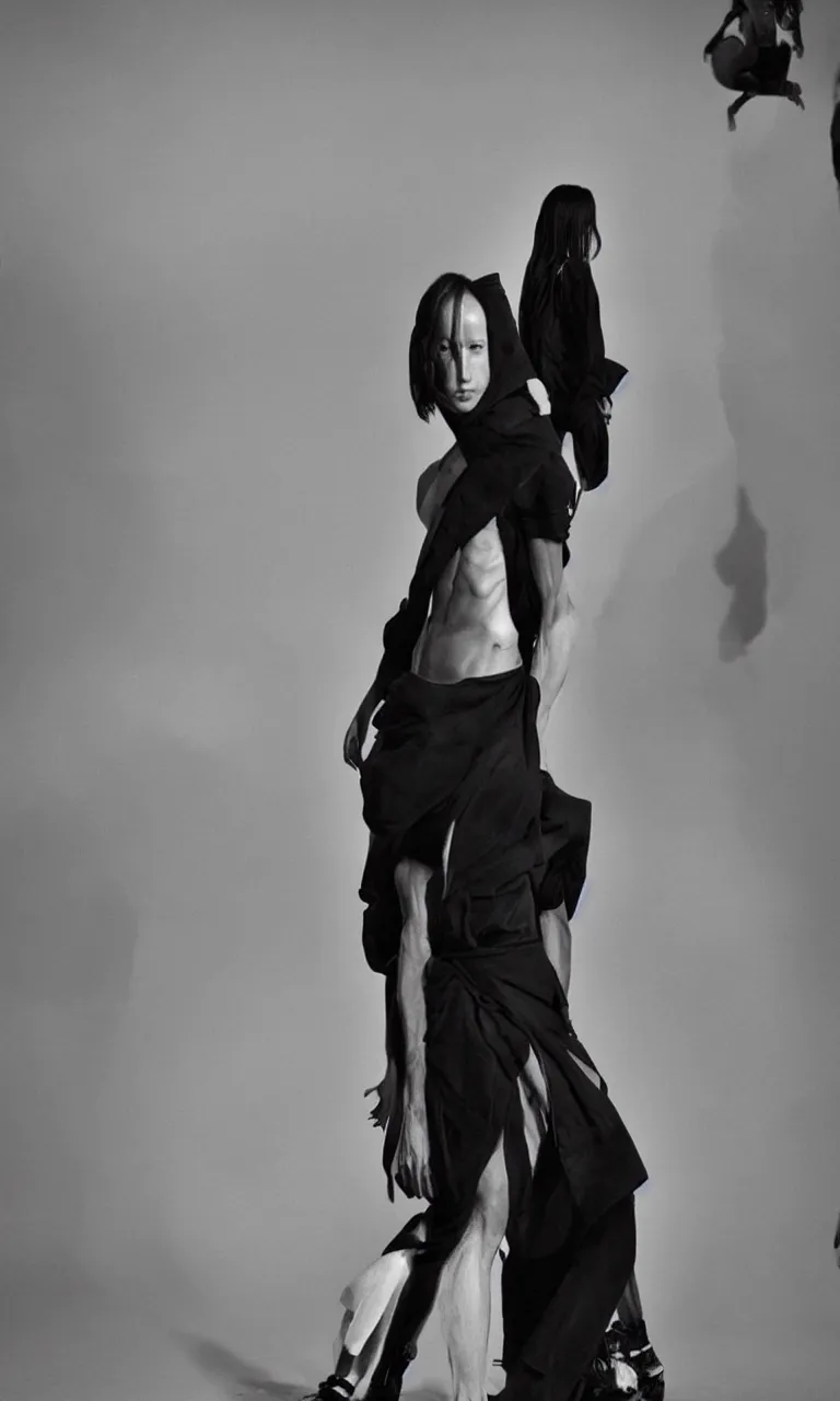 Image similar to a single beautiful model, Rick Owens look and clothes, there is only a single person in the entire image, avant garde fashion, Y3, trending on r/streetwear, fit pic, rule of thirds,