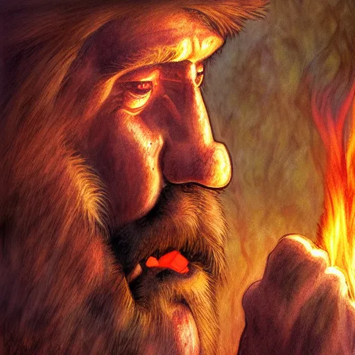 Image similar to caveman is shocked when they first time discovered fire , Unga bunga , illustration , HDR, natural lighting , award winning photograph, 8k, Mucha style,