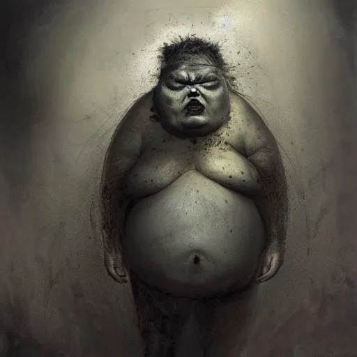 Image similar to portrait of the face of big fat old sumoringer as despair from sandman, venus of willendorf, by jeremy mann, by gregory crewdson, by bastien lecouffe deharme, by russ mills, sad face, topknot, black hair, mourning, black eyes, white room, soft lightning, high detailed, 8 k