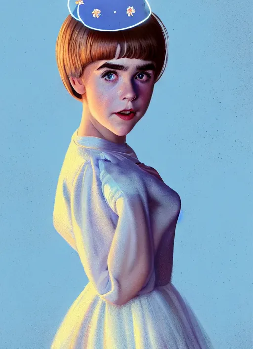 Image similar to portrait of kiernan shipka with freckles, white hair, big 1 9 6 0 s bob hairstyle with bangs and hairband, blue 1 9 6 0 s dress, intricate, elegant, glowing lights, highly detailed, digital painting, artstation, concept art, smooth, sharp focus, illustration, art by wlop, mars ravelo and greg rutkowski