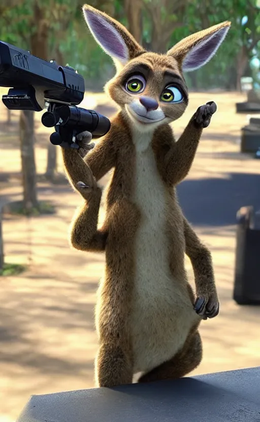 Image similar to “kangaroo in the style of the movie zootopia holding a laser gun and pointing it at the the camera”