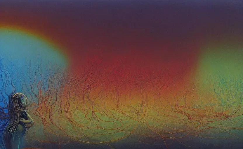 Image similar to a painting of the rainbow sparks terror in hearts unpure, biomorphic, highly detailed, surrealist painting by beksinski, alex grey and melted plastic, oil on canvas, trending on artstation