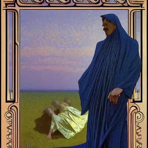 Image similar to the angelus by jean francois millet, division bell album cover, art by alfons mucha - ralph mcquarrie - francois schuiten