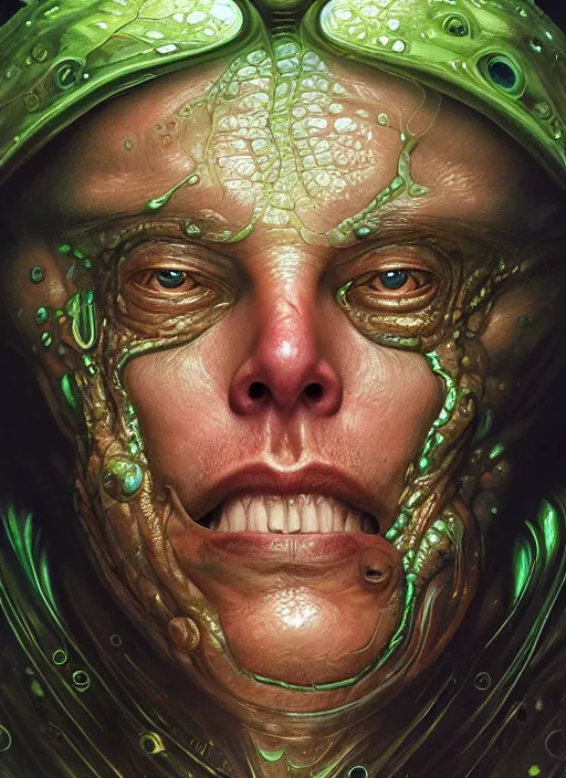 Image similar to elon musk as mollusk, slime, drool, portrait, intricate, elegant, highly detailed, digital painting, artstation, concept art, wallpaper, smooth, sharp focus, illustration, art by h. r. giger and artgerm and greg rutkowski and alphonse mucha