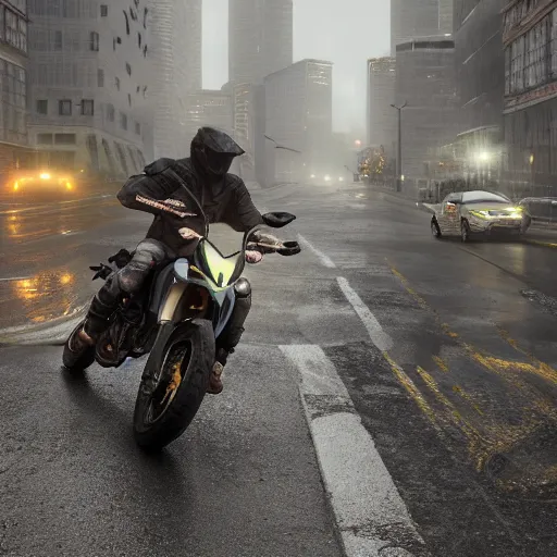 Image similar to highly detailed, photo realistic, drz 4 0 0 s at night in the rain driving on a city street, dense fog, unreal engine, by greg rutowski, by stanley artgerm, by alphonse mucha