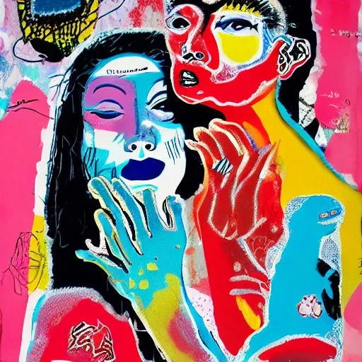 Image similar to acrylic painting of two bizarre psychedelic women kissing in japan in winter, speculative evolution, mixed media collage by basquiat and jackson pollock, maximalist magazine collage art, sapphic art, psychedelic illustration