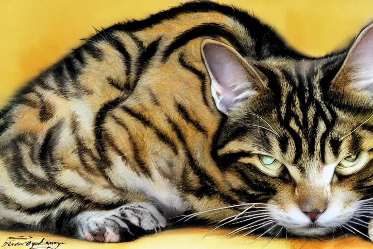 Image similar to A fat tabby cat laying on his back longways, back feet in foreground, head blurred in background, digital art