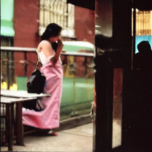 Prompt: A Filipino woman smoking outside a fancy restaurant, street photography, by Saul Leiter, Jamel Shabazz, Nan Goldin