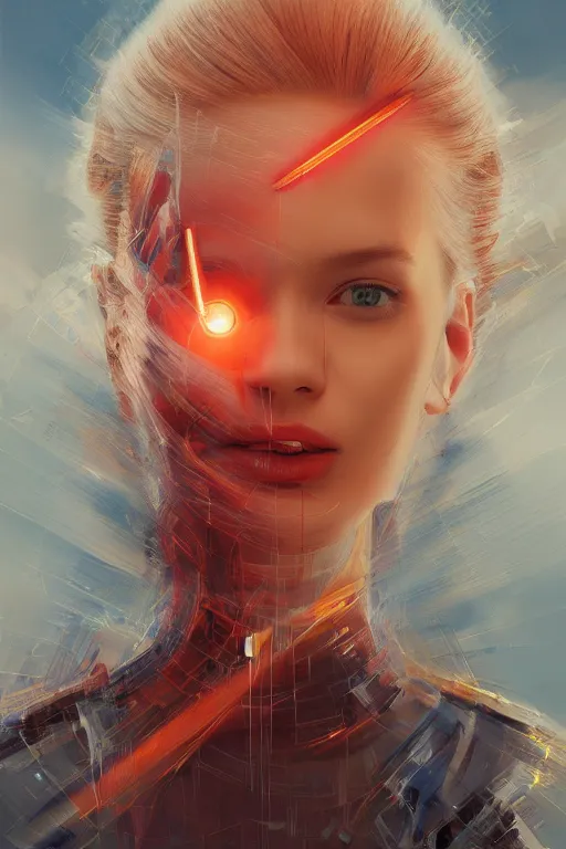 Image similar to 3 d, sci - fi, morning, blonde fashion model face, sun, cinematic, lightning, clouds, vogue cover style, stanley kubrick, light red and orange mood, realistic painting, intricate oil painting, high detail, figurative art, multiple exposure, poster art, 3 d, by tooth wu and wlop and beeple and greg rutkowski