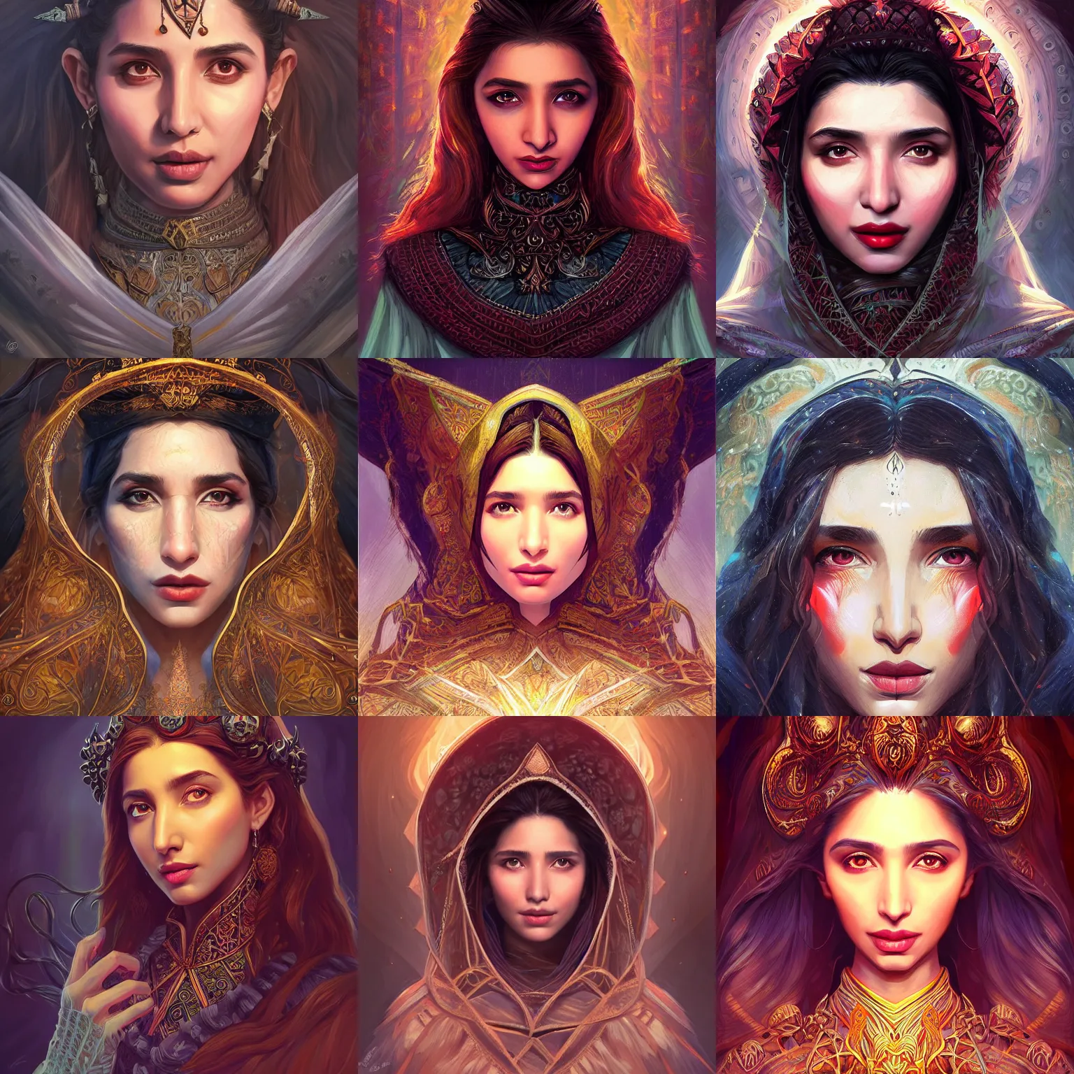 Image similar to head-on centered symmetrical painted portrait, Mahira Khan as a D&D wizard, intricate fantasy robes, fantasy, intricate, elegant, highly detailed, digital painting, smooth, sharp focus, illustration, dramatic lighting, artstation, in the style of Artgerm and Anna Podedworna and Alex Ross