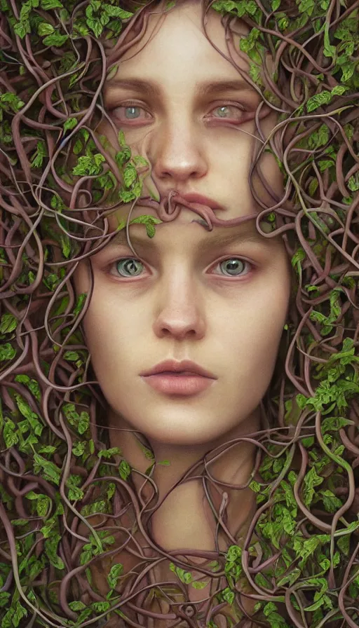 Image similar to very detailed portrait of a 2 0 years old girl surrounded by tentacles, the youg woman visage is blooming from fractal and vines, by alyssa monks