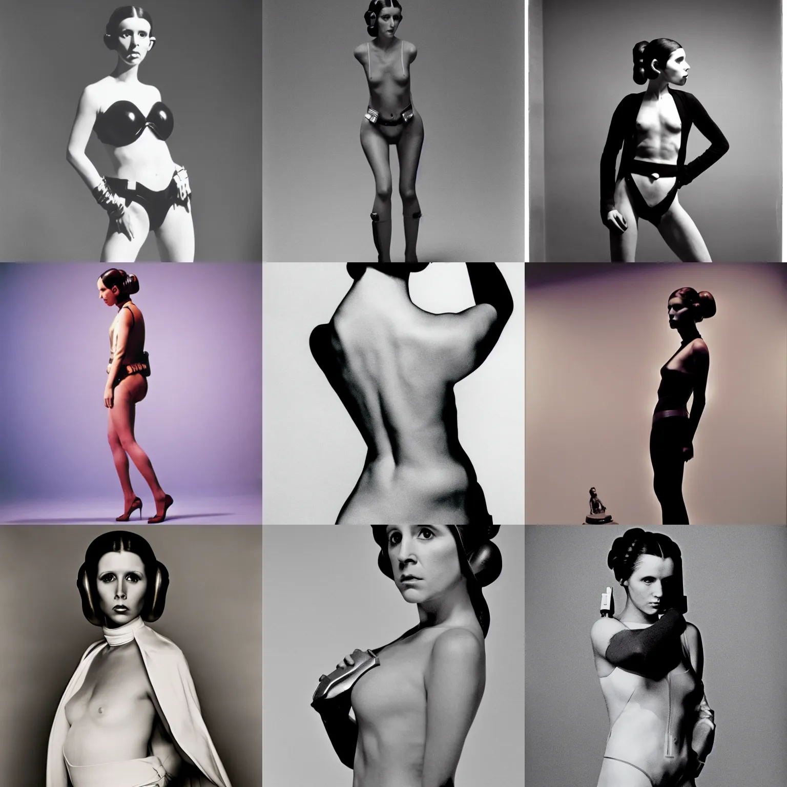 Prompt: a model photograph of princess leia by hartmut newton, 3 5 mm, full body shot, studio lighting, award - winning