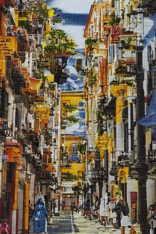 Prompt: cross stitch design calle triana in las palmas, hyperdetailed