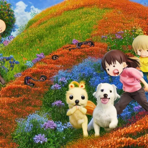 Prompt: manga cover portrait of an extremely cute and adorable beautiful group of happy puppies running in a flower field, harvest fall vibrance, 3 d render diorama by hayao miyazaki, official studio ghibli still, color graflex macro photograph, pixiv, daz studio 3 d