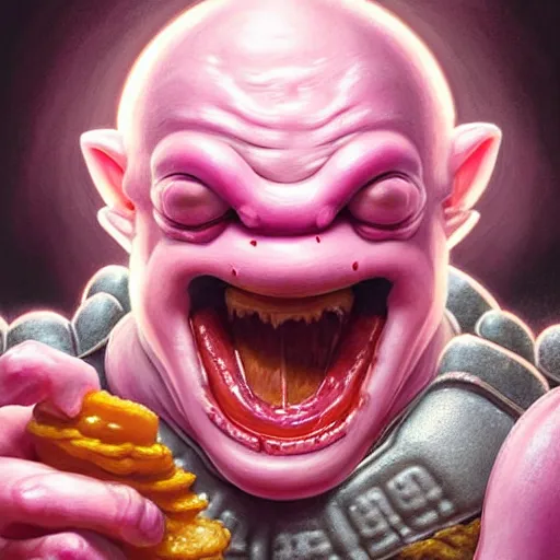 Prompt: portrait of krang from tmnt eating hamburgers, extra onions and ketchup, luscious patty with sesame seeds, feminine ethereal, handsome, d & d, fantasy, intricate, elegant, highly detailed, digital painting, artstation, concept art, matte, sharp focus, illustration, art by artgerm and greg rutkowski and alphonse mucha