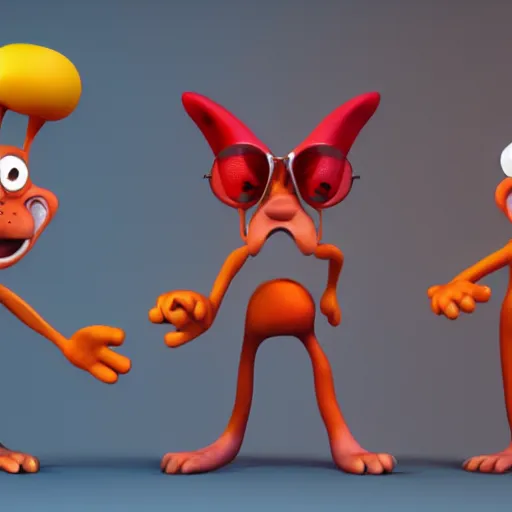 Image similar to ren and stimpy, 3 d character design, rendered in octane render, unreale engine