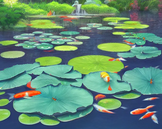 Image similar to koi pond, lotus flowers, dark blue water, green lily pads, goldfish, a fantasy digital painting by makoto shinkai and Alena Aenami, trending on artstation,