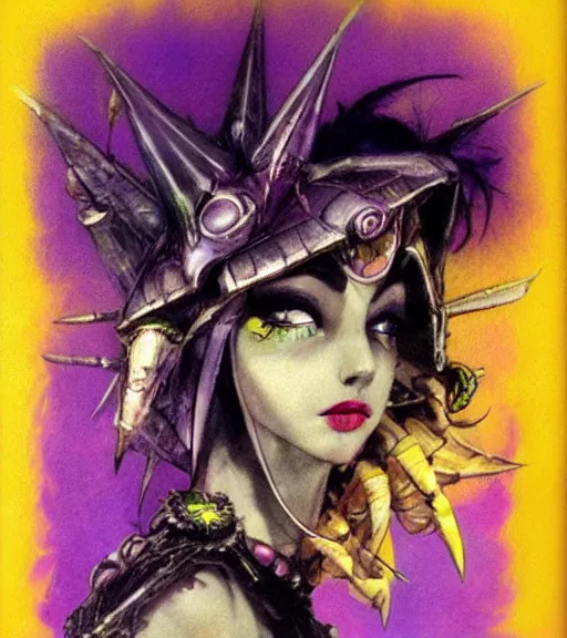 Image similar to evil princess of the wasteland, scrap metal headdress, strong line, vivid neon color, yellow purple, cloudy sky, beautiful! coherent! by brian froud, by frank frazetta, low angle