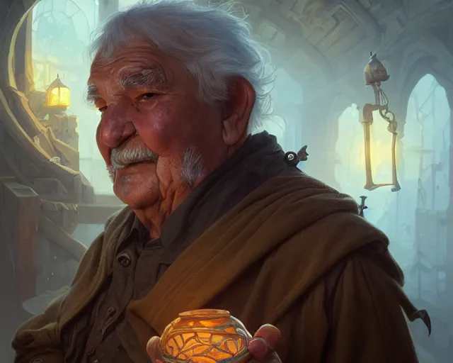 Prompt: old engineer, pepe mujica, deep focus, d & d, fantasy, intricate, elegant, highly detailed, digital painting, artstation, concept art, matte, sharp focus, illustration, hearthstone, art by artgerm and greg rutkowski and alphonse mucha