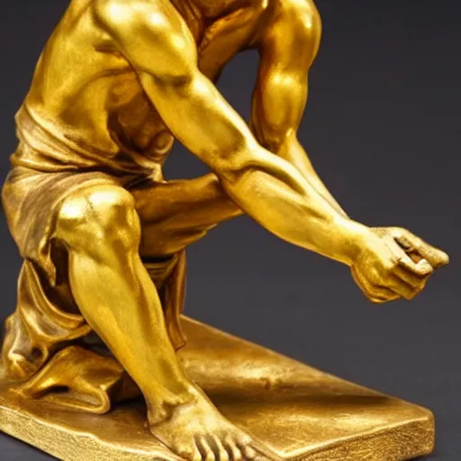 Image similar to a golden statue of a beggar extending his hand, realistic, detailed