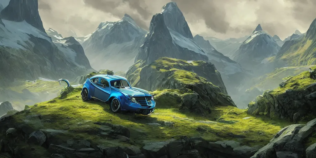 Prompt: wide angle, blue knight, green hatchback car, glacier landscape, norway, D&D, fantasy, intricate, elegant, highly detailed, digital painting, artstation, octane render, concept art, matte, sharp focus, illustration, hearthstone, art by Artgerm and Greg Rutkowski and Alphonse Mucha