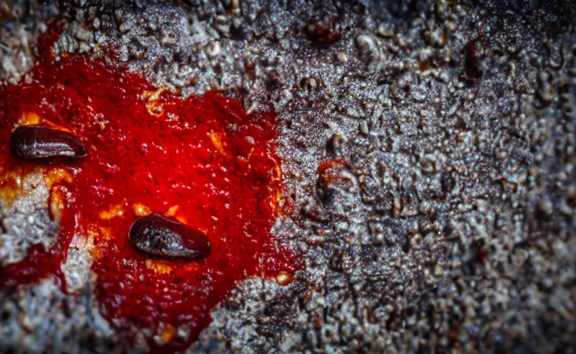 Image similar to a photography of a mushroom dripping blood, photorealistic, terriying, insects flying, 2 4 mm, f 1 4